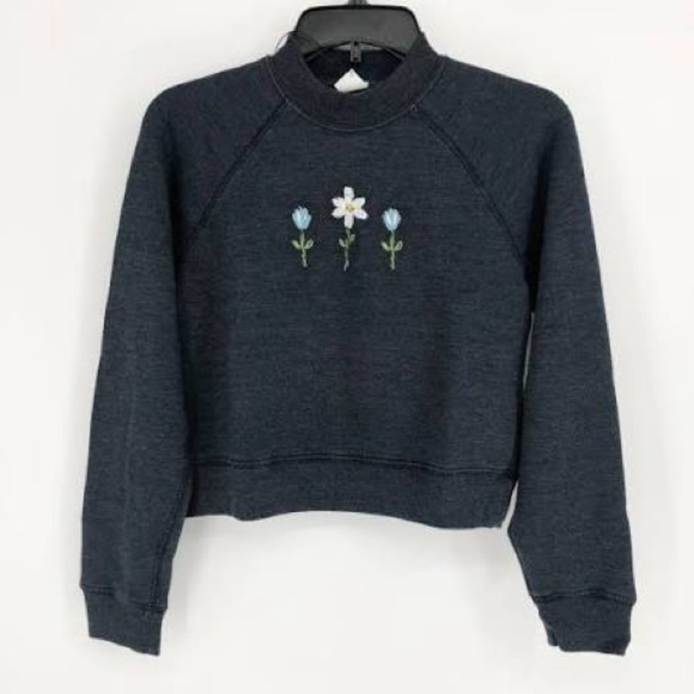 Re/Done Shrunken Navy Crew Neck Sweater with Floral Embroidery